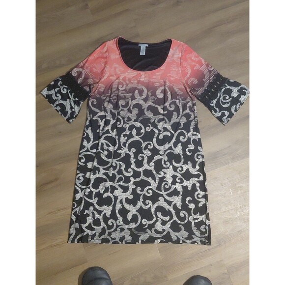 Catherine's Size 14-16 Jersey Knit Stretch 3/4 Sleeve Scroll Print Dress - Picture 2 of 9